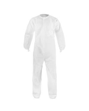 White disposable protective coverall suit.