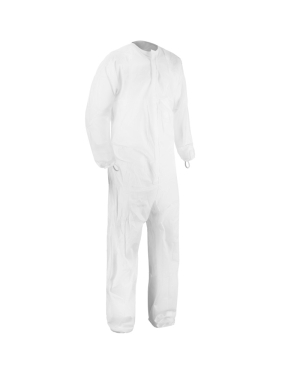 Disposable white coverall for safety protection.