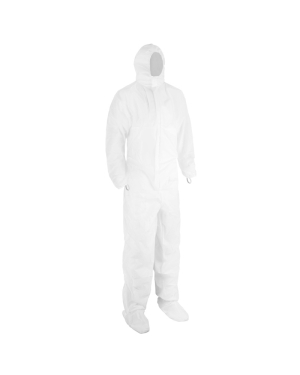 White disposable protective coverall with hood and sleeves.