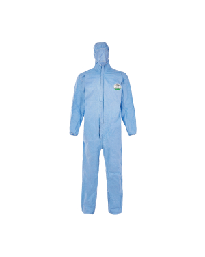 Blue protective coverall with hood.