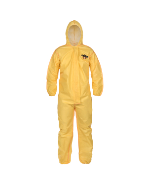 Yellow protective Hazmat suit with hood and gloves.