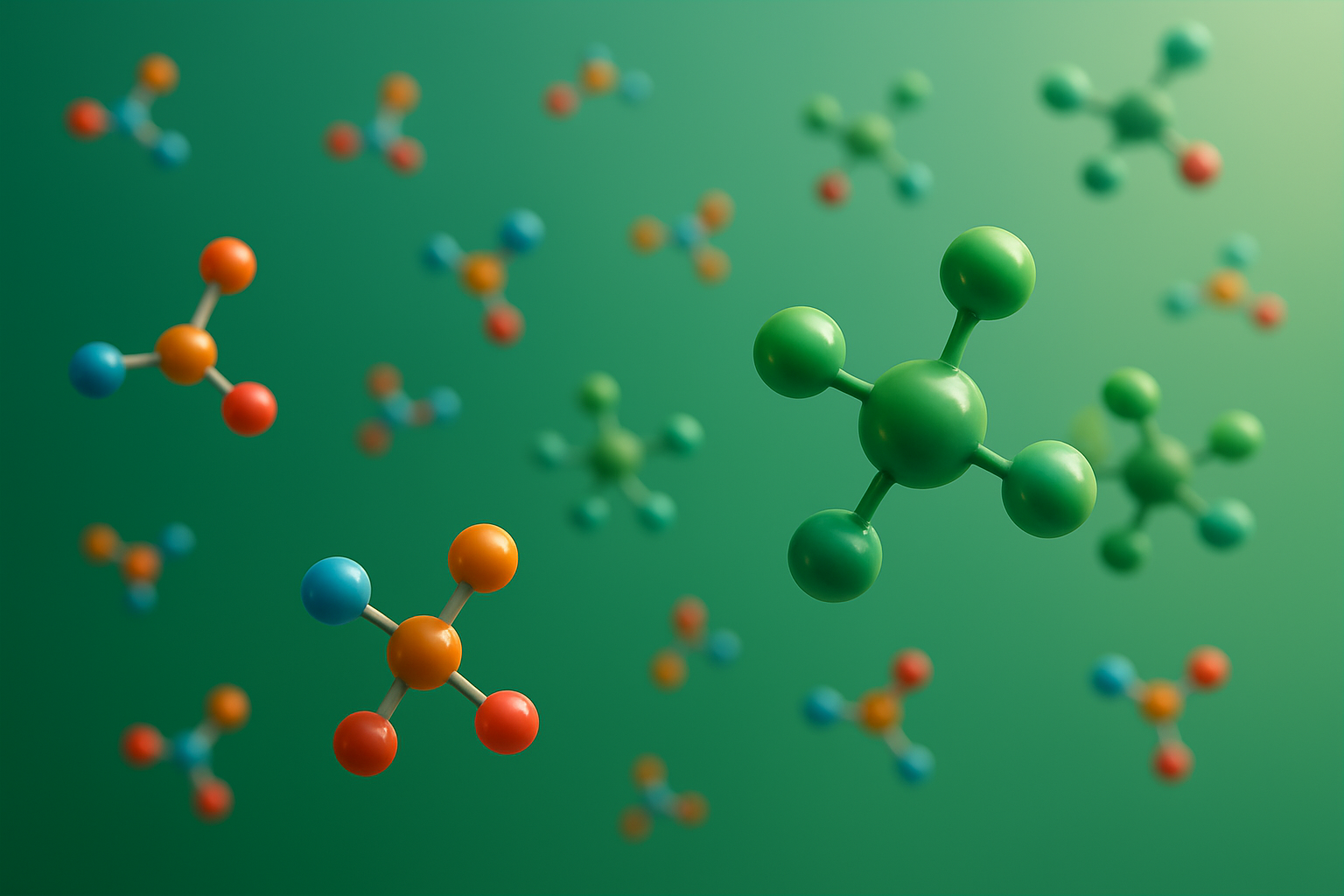 Colorful 3D molecular models on green background.