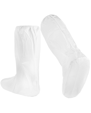 White disposable boot covers, standing and side view