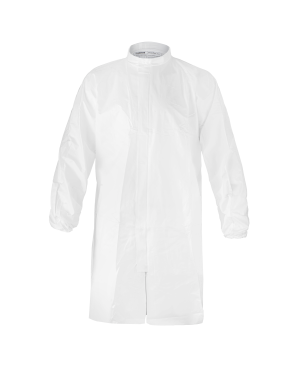 White disposable lab coat on black background.