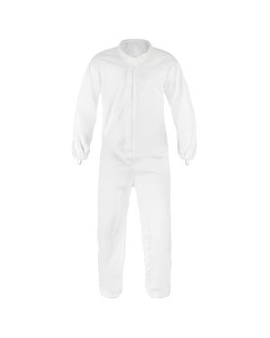 White disposable protective coverall for safety and hygiene.