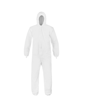 White protective suit with hood, full body coverage.