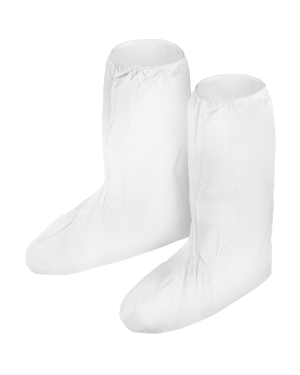 White disposable shoe covers, protective footwear.