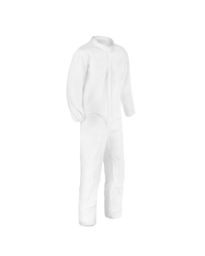 White protective coverall suit isolated on black background.