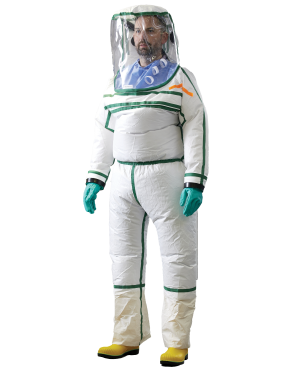 Person wearing Lakeland's MicroMax TS Encapsulating PAPR suit