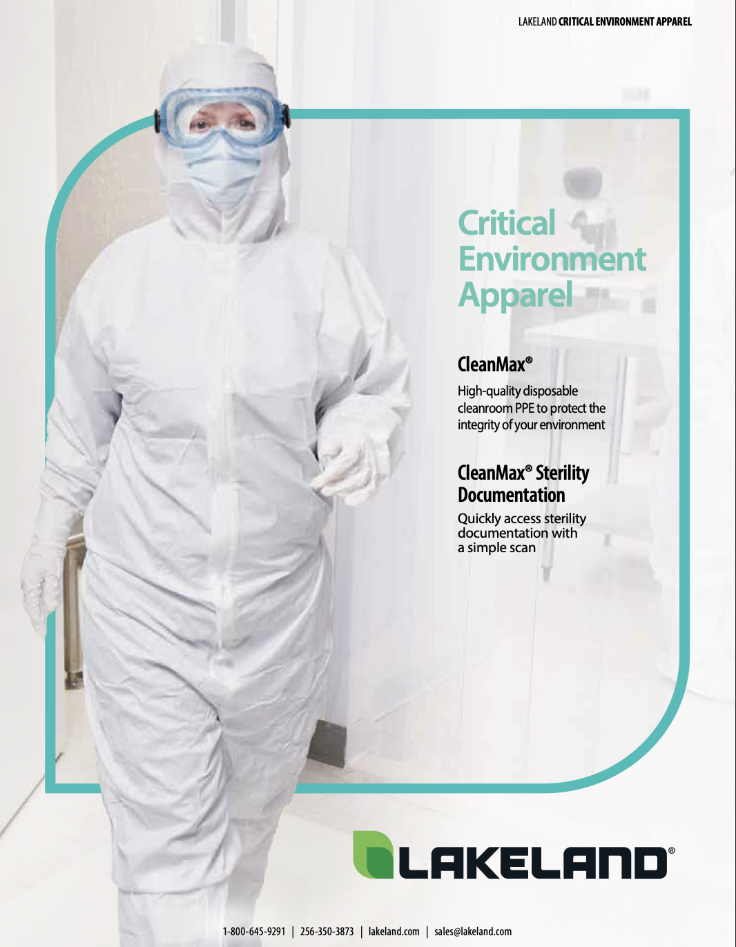 Person in protective cleanroom suit, Lakeland branding.