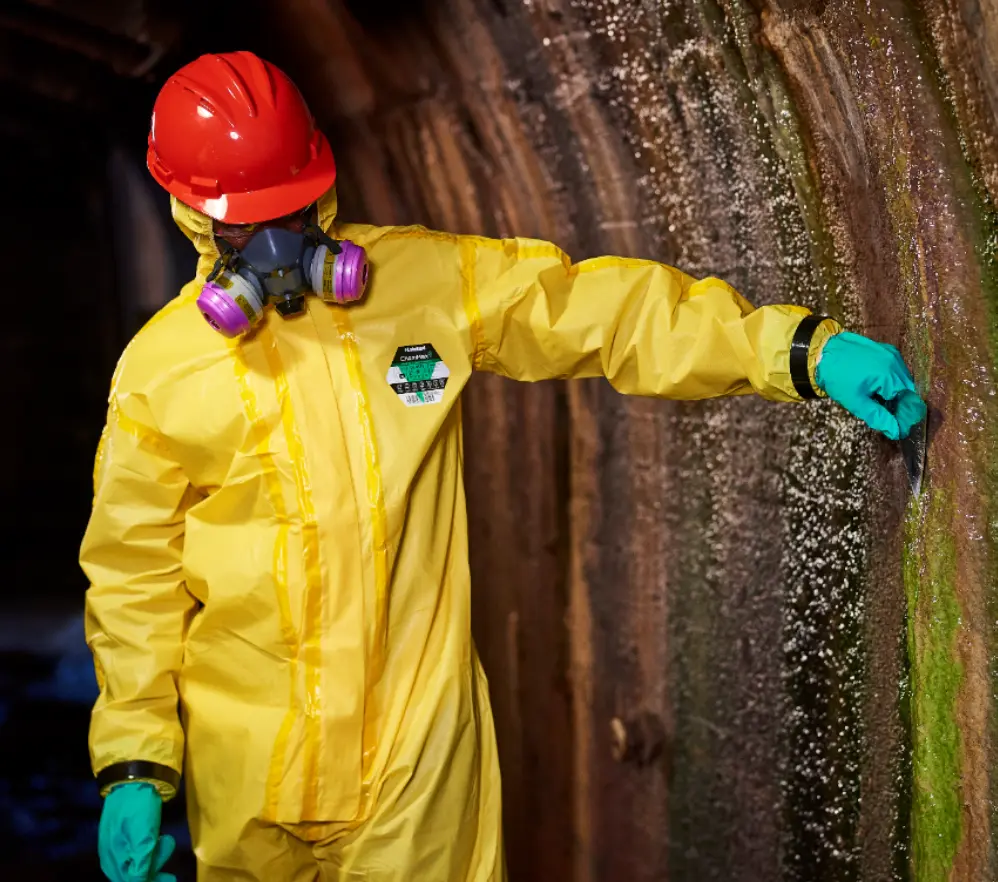 Chemical workers inspecting hazardous area protected by Lakeland Chemical PPE