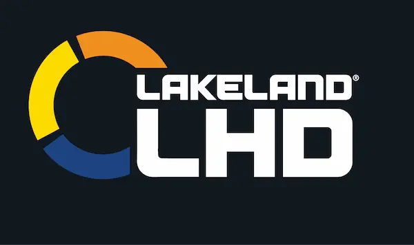 Lakeland LHD logo - White text on dark background with 3 quarters of a thick circle in the top left corner connecting lakeland text on the top left corner to the bottom left of the LHD text. Sections are colored in orange, yellow, and blue going counterclockwise
